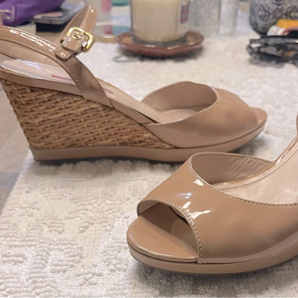 Prada Nude Patent Vernice Leather Woven Wedge Sandal